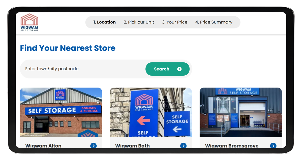 Tablet displaying Wigwam Self Storage online booking interface with location search and store options