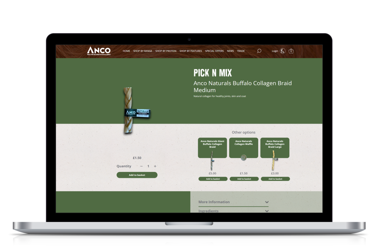 Laptop showing Anco Dog Treats ecommerce product page for Buffalo Collagen Braid Medium with product image, price, quantity selector and add to basket button