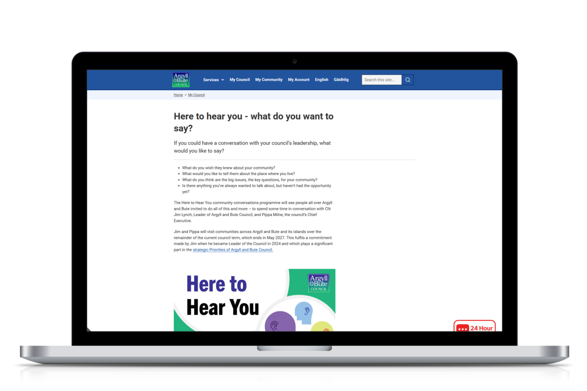 Laptop displaying the Argyll and Bute Council website homepage with navigation menu and 'Here to hear you' community engagement content