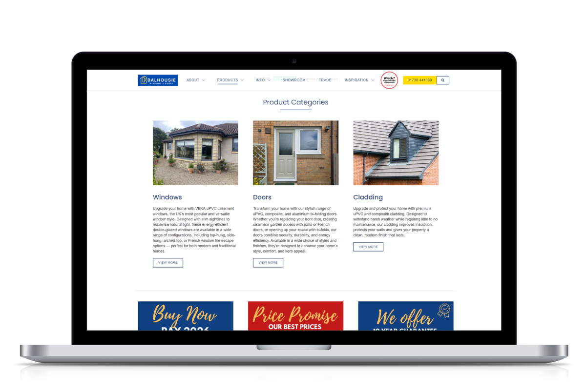 Laptop screen displaying Balhousie Glazing website's product categories featuring windows, doors and cladding with descriptions and images
