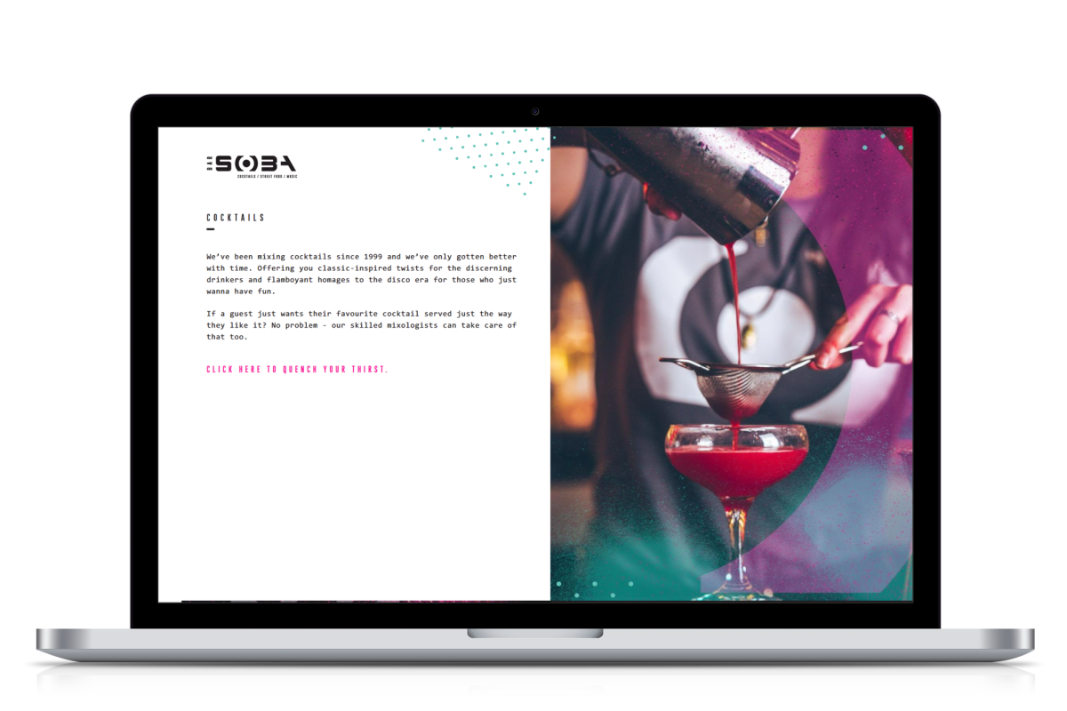 Laptop screen showing Bar Soba website cocktails page with text and image of cocktail being poured through a strainer into a glass