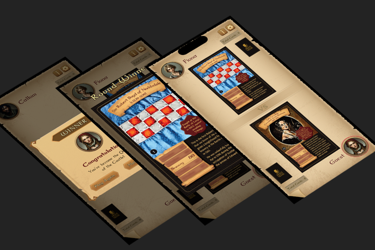 Three overlapping mobile screens showing gameplay of the Dean Castle Trumps card game app, featuring character cards and a round winner announcement
