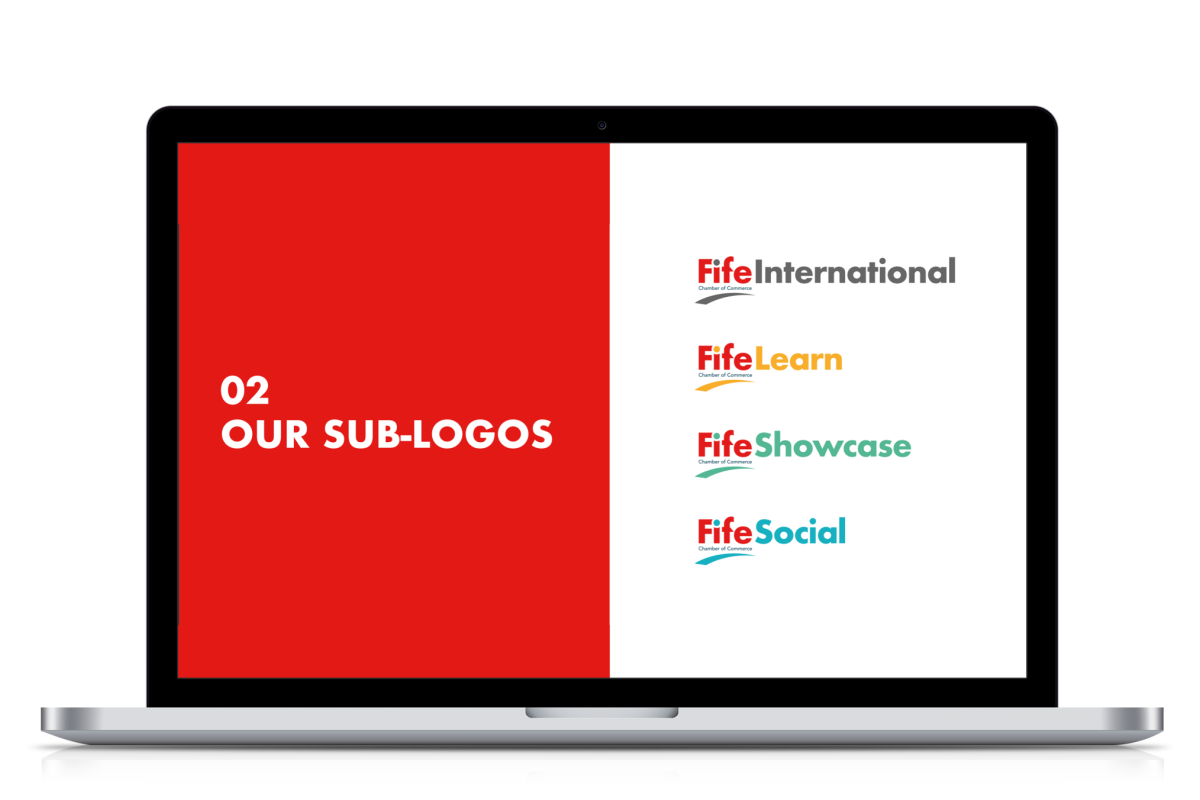 Laptop screen displaying Fife Chamber of Commerce sub-logos for International, Learn, Showcase, and Social divisions with a red panel titled Our Sub-Logos