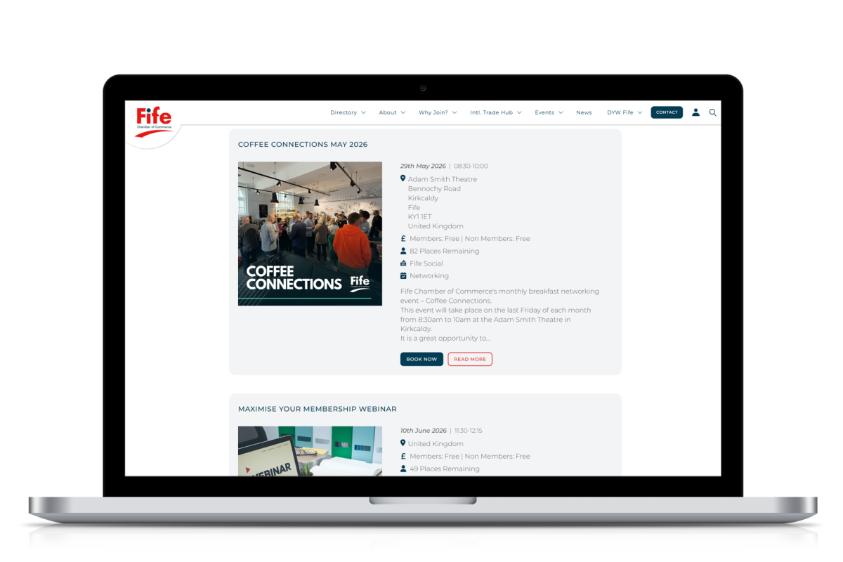 Laptop showing the Fife Chamber of Commerce website homepage with a navigation menu and event listings for member networking and webinars