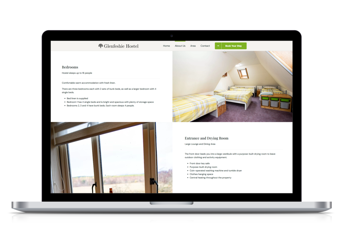 Laptop screen showing Glenfeshie Hostel website with bedroom and entrance facilities descriptions alongside images of hostel beds and window views