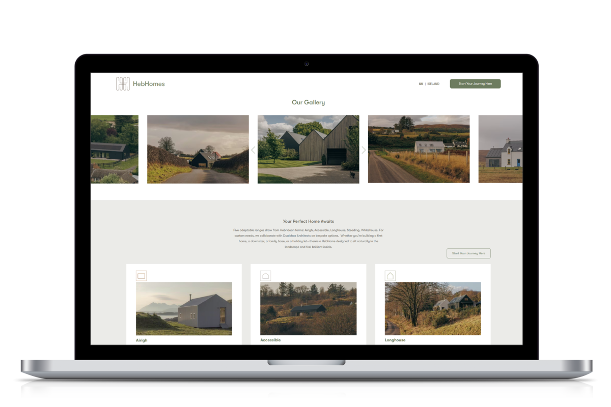Laptop screen showing Heb Homes website gallery with images of contemporary rural Scottish kit houses, including Airigh, Accessible, and Longhouse designs