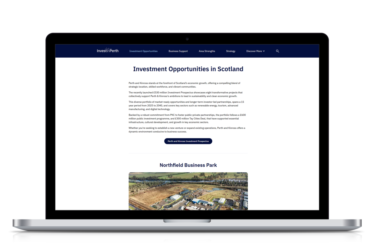 Laptop showing Invest in Perth website homepage with investment opportunities in Scotland and business sections visible