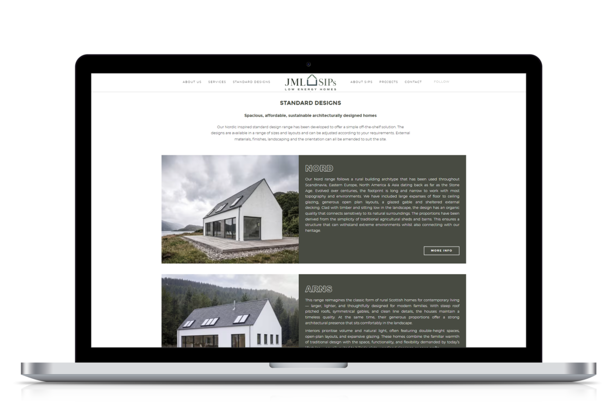 Laptop screen displaying the JML SIPS website showcasing standard designs of modern, sustainable homes including Nord and Arns styles with images and descriptions
