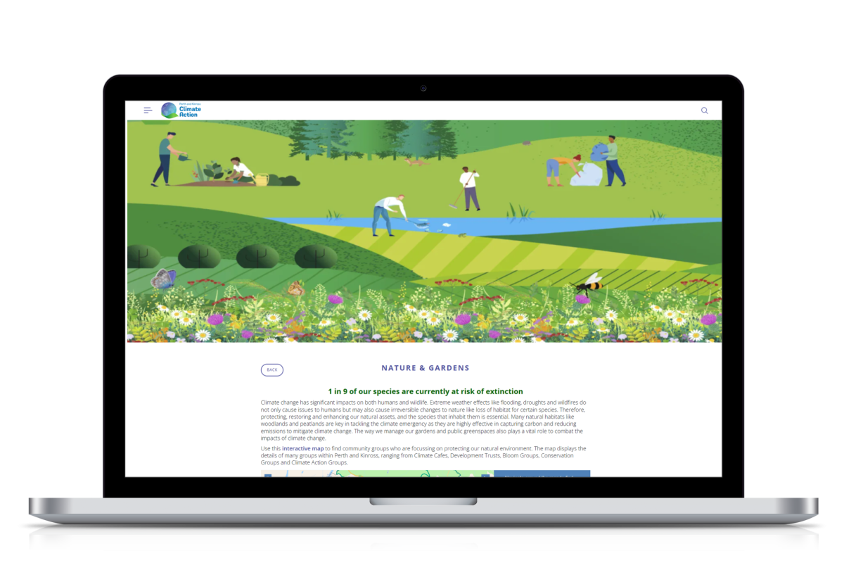 Laptop display showing the PK Climate Action website's Nature & Gardens page with an illustrated header of people gardening and cleaning a river, and text about species at risk of extinction