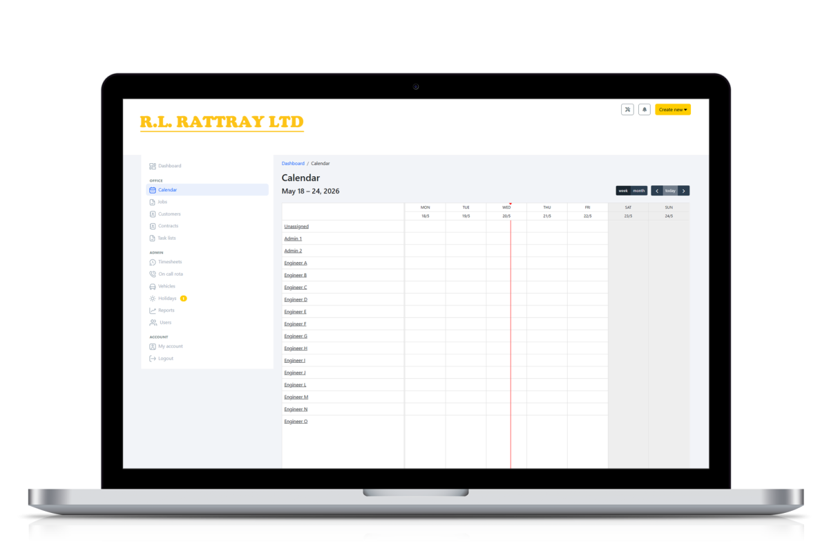 Laptop screen showing RL Rattray bespoke work tracking system displaying a calendar view for May 18 to 24, 2026, with assigned jobs for staff members