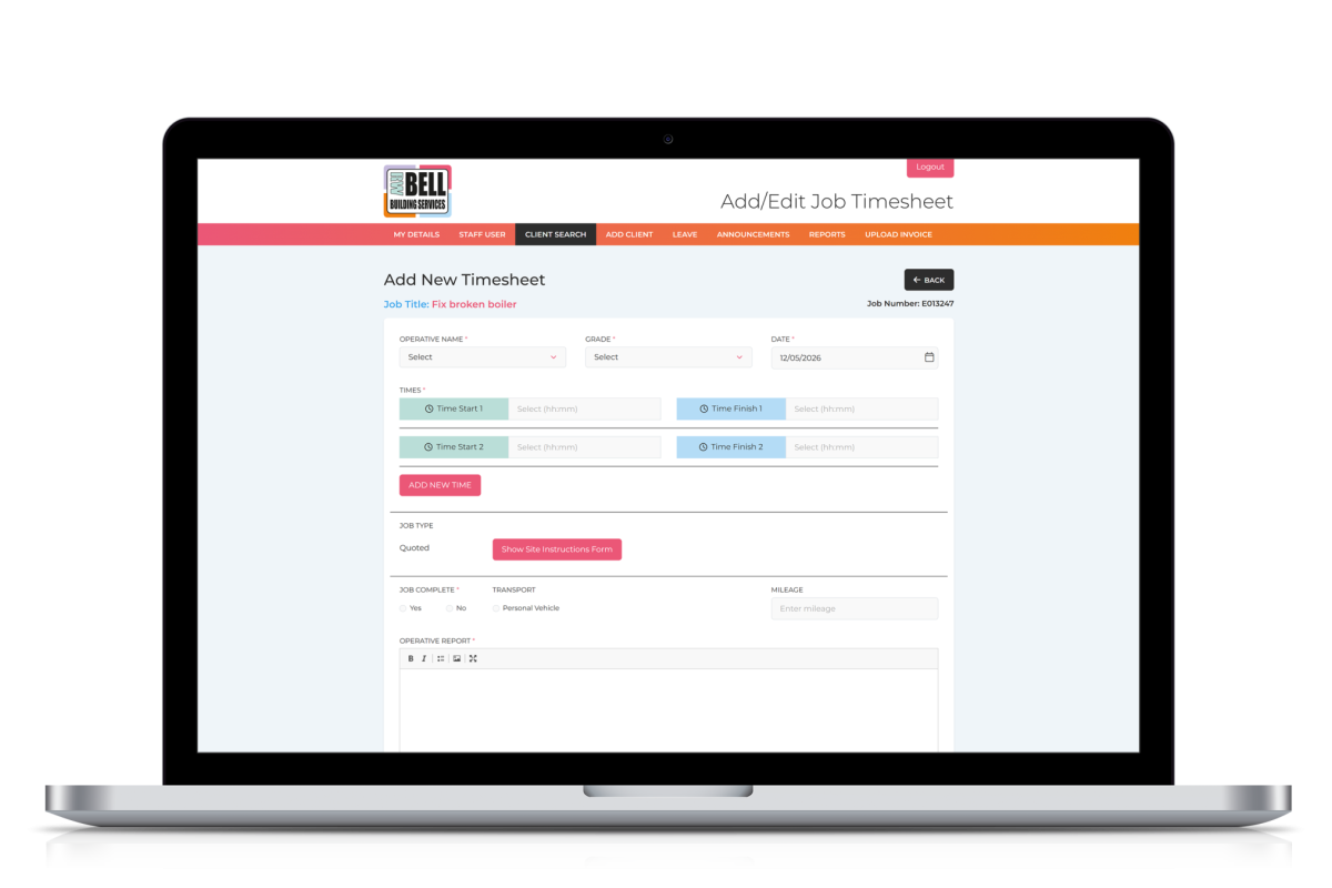 Laptop screen showing RW Bell work tracking system interface for adding and editing job timesheets with fields for operative name, grade, date, times, job type, transport, mileage and operative report.