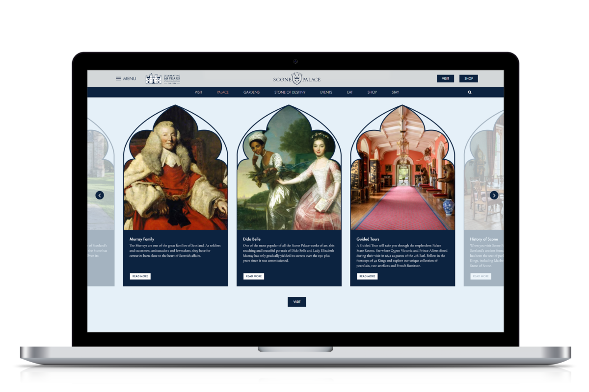Laptop screen showing the Scone Palace website homepage featuring historical portraits and guided tours information