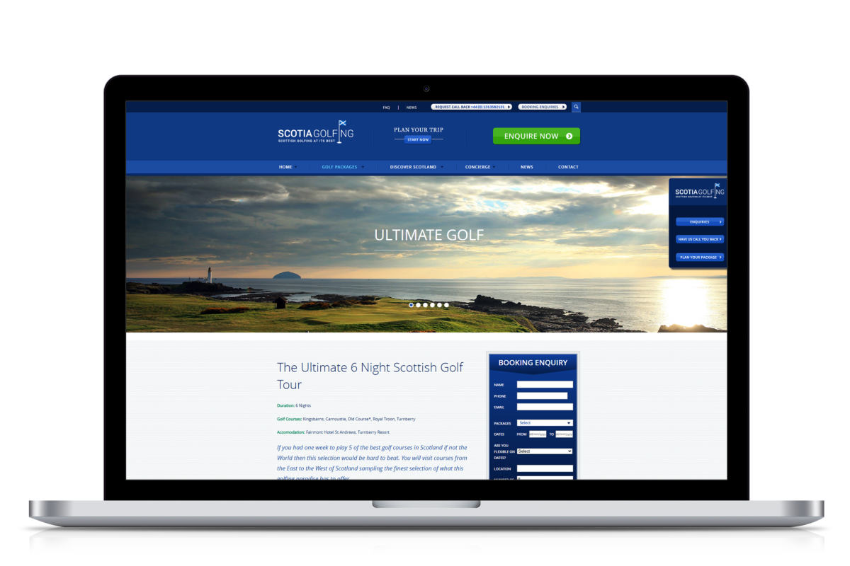 Laptop display showing Scotia Golfing website homepage with golf tour booking enquiry form and scenic banner image