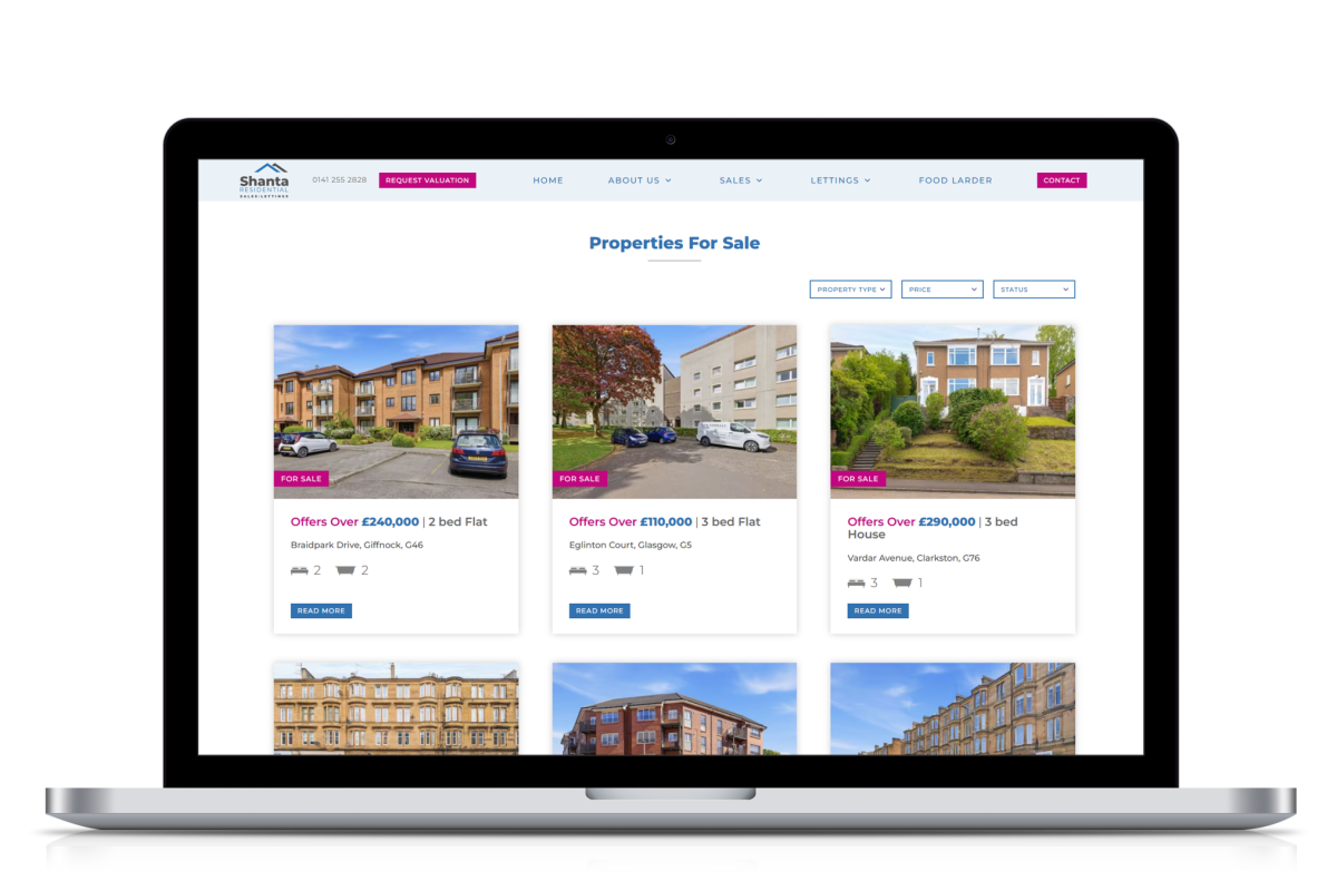 Laptop screen showing Shanta Residential website with property listings for sale, including flats and houses with prices and details