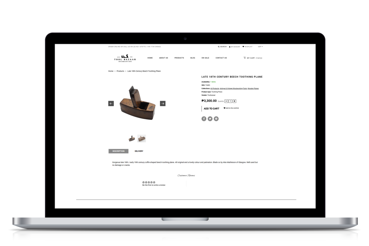 Laptop screen showing Tool Bazaar Shopify product page for a late 18th century beech toothing plane with price, description and navigation