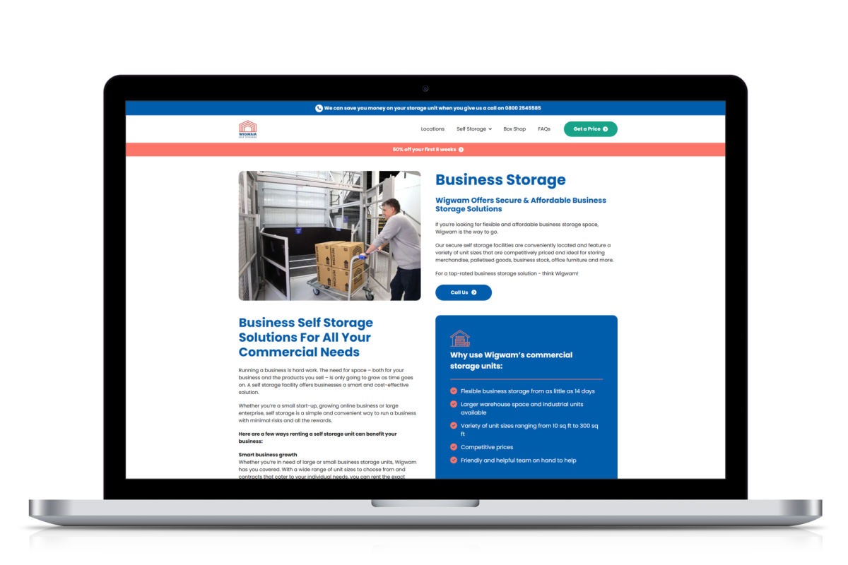 Laptop displaying Wigwam Self Storage website showing a business storage page with image of a person moving boxes on a trolley and details about business self storage solutions and benefits