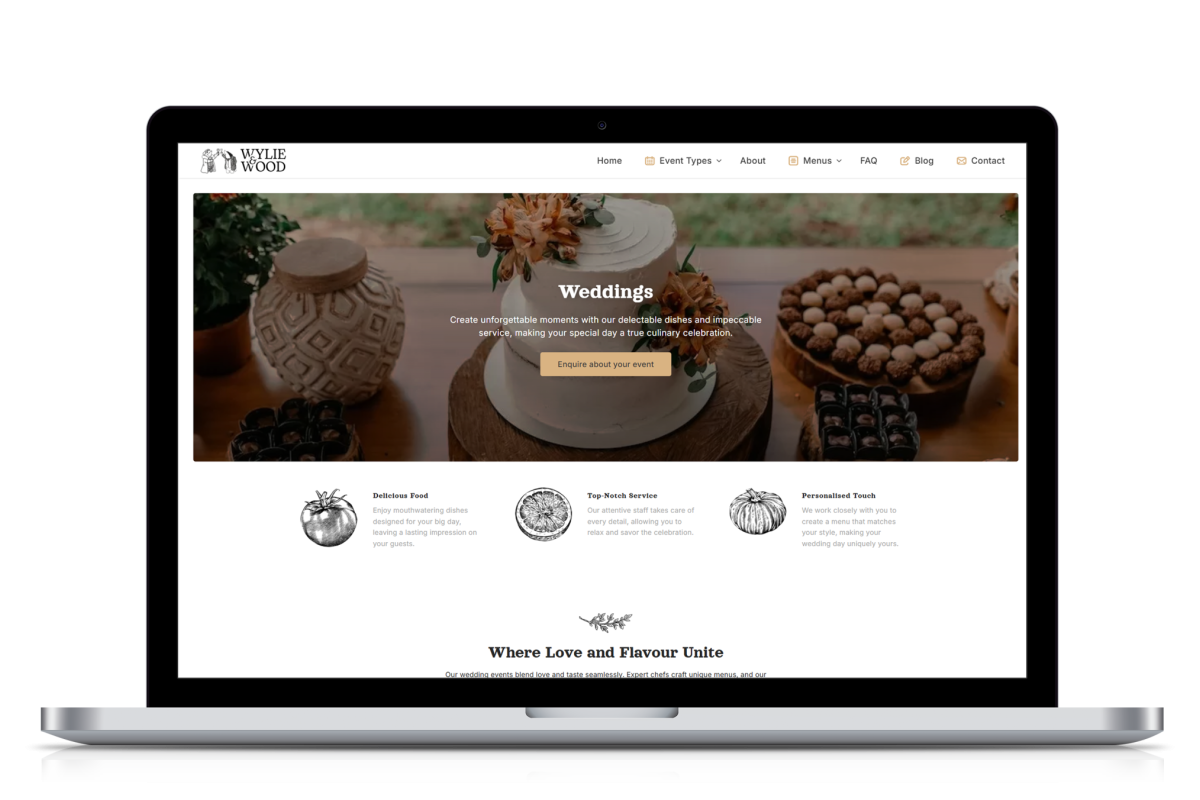 Laptop showing Wylie & Wood wedding events webpage with wedding cake and catering details