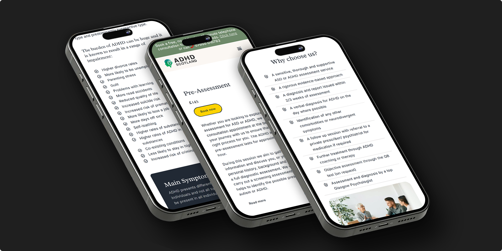 Three smartphones displaying different pages of the ADHD Scotland mobile website, featuring information on symptoms, pre-assessment booking, and service benefits