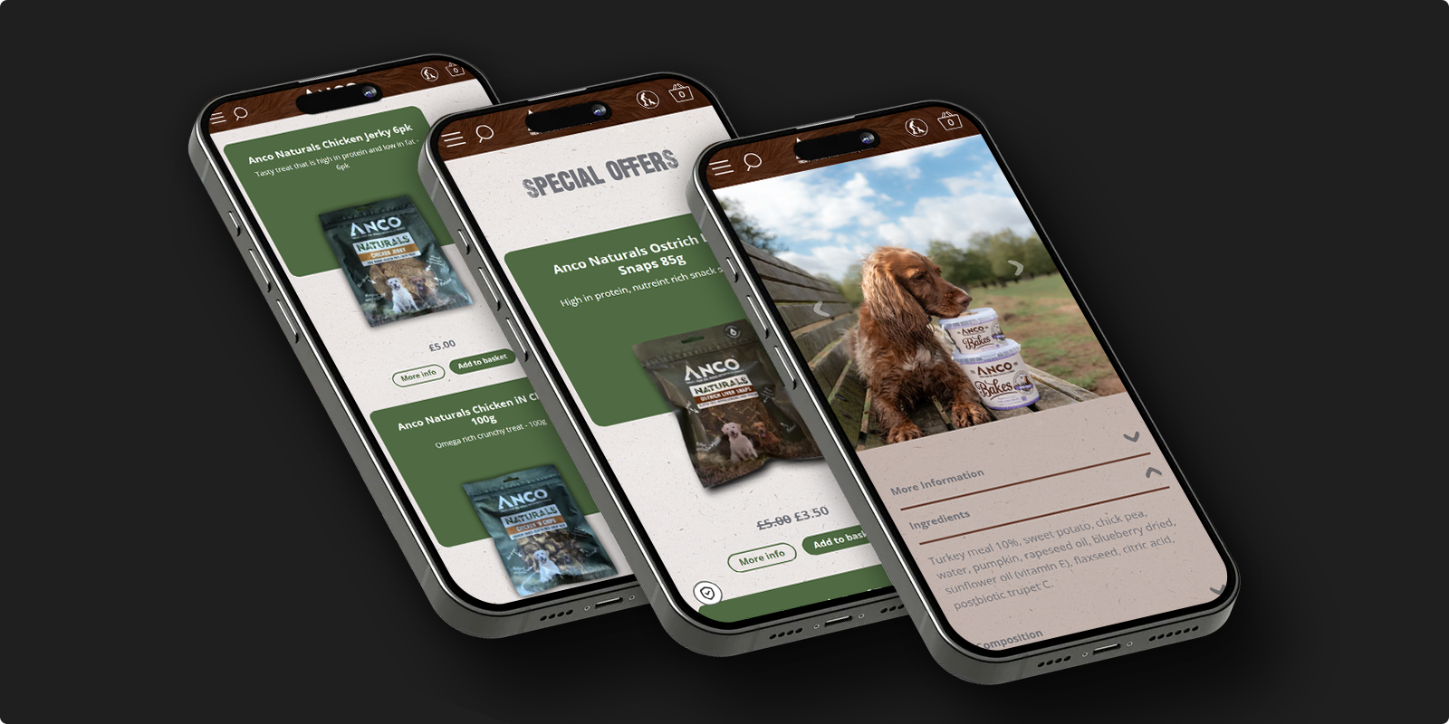 Three mobile phone screens showing different pages of the Anco Dog Treats eCommerce website including product listings, special offers, and product details with a dog image