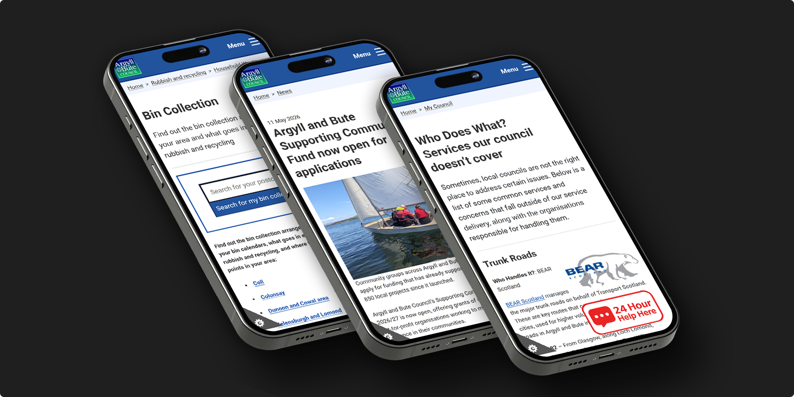 Three smartphones showing different pages of the Argyll and Bute Council mobile website featuring bin collection information, community fund news, and council service coverage details