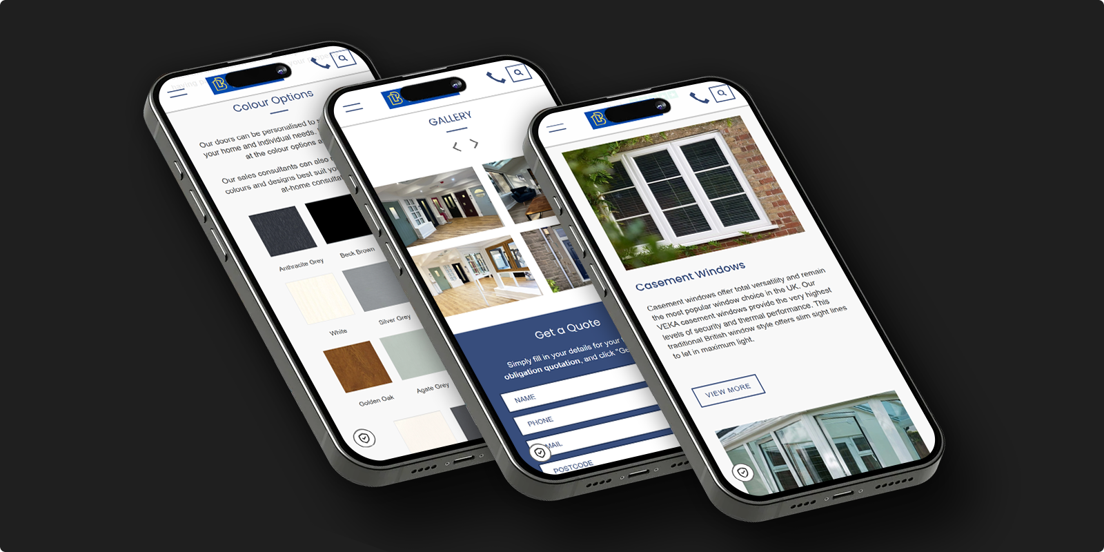 Three smartphones displaying different pages of the Balhousie Glazing mobile website, showing product colour options, an image gallery, and a casement windows information page
