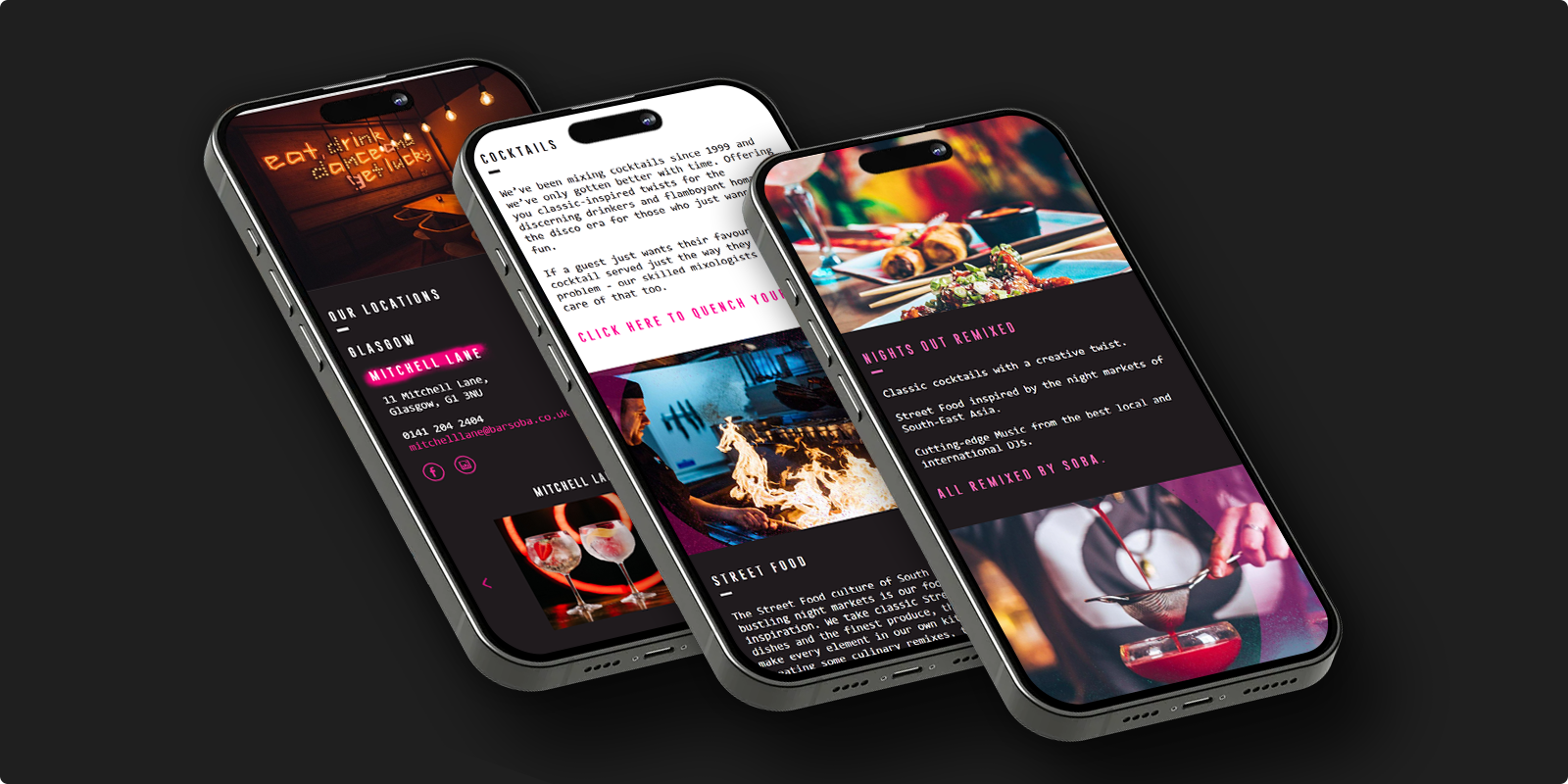 Three smartphones displaying different pages of the Bar Soba mobile website featuring cocktails, street food, locations, and nightlife information with vibrant visuals and text.