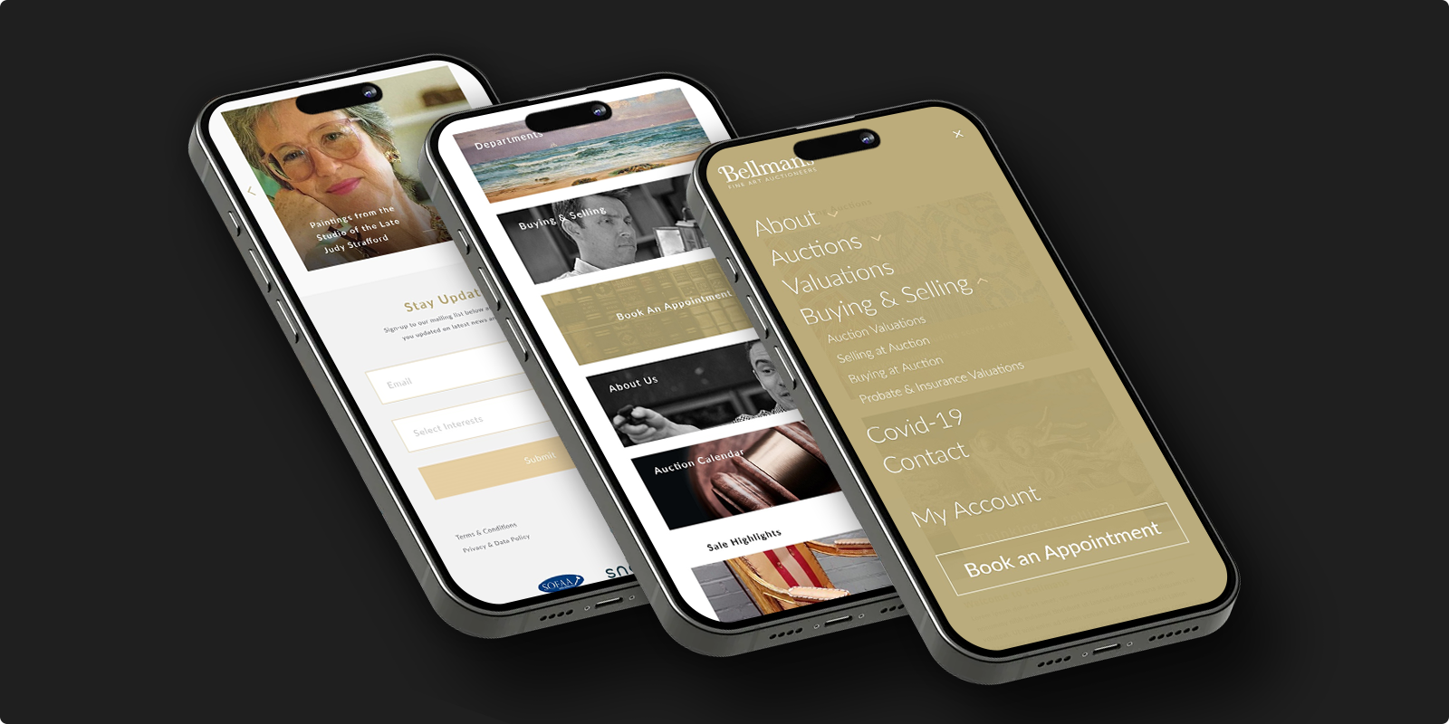 Three mobile phones showing different views of the Bellmans Auctioneers website including menu, auction categories, and newsletter signup