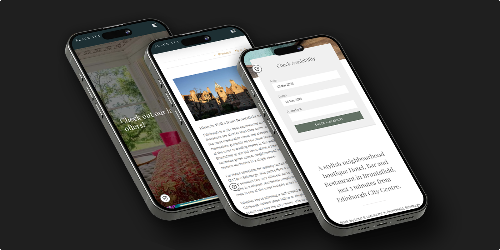 Three mobile phones displaying different screens of the Black Ivy hotel website, including a room offer, a historic walks article, and a booking availability form.