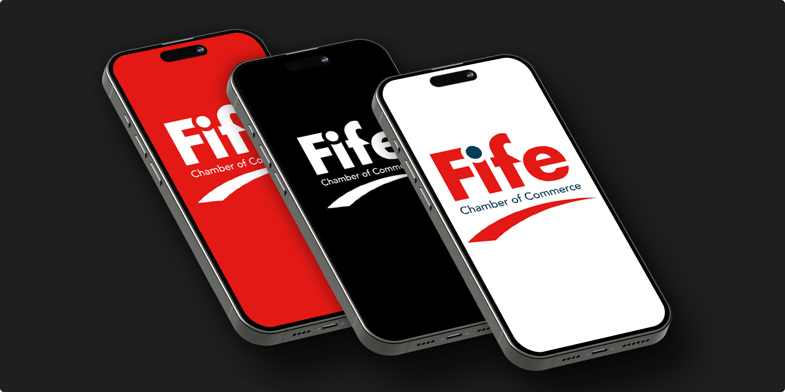 Three smartphones displaying the Fife Chamber of Commerce logo in three colour variations: red on white, white on black, and white on red backgrounds