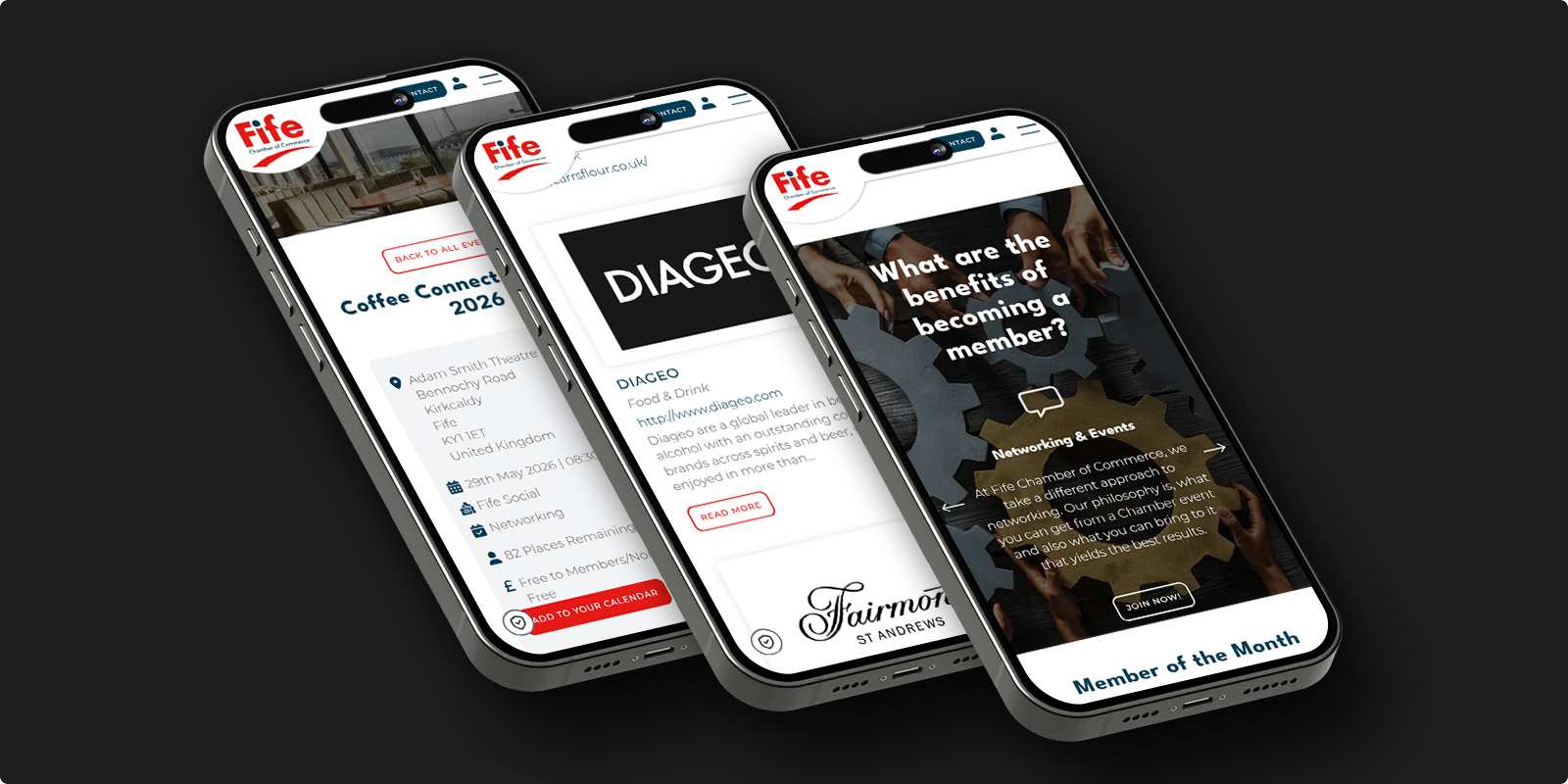 Three mobile phones showing different views of the Fife Chamber of Commerce website, including event details, member information, and benefits of membership.