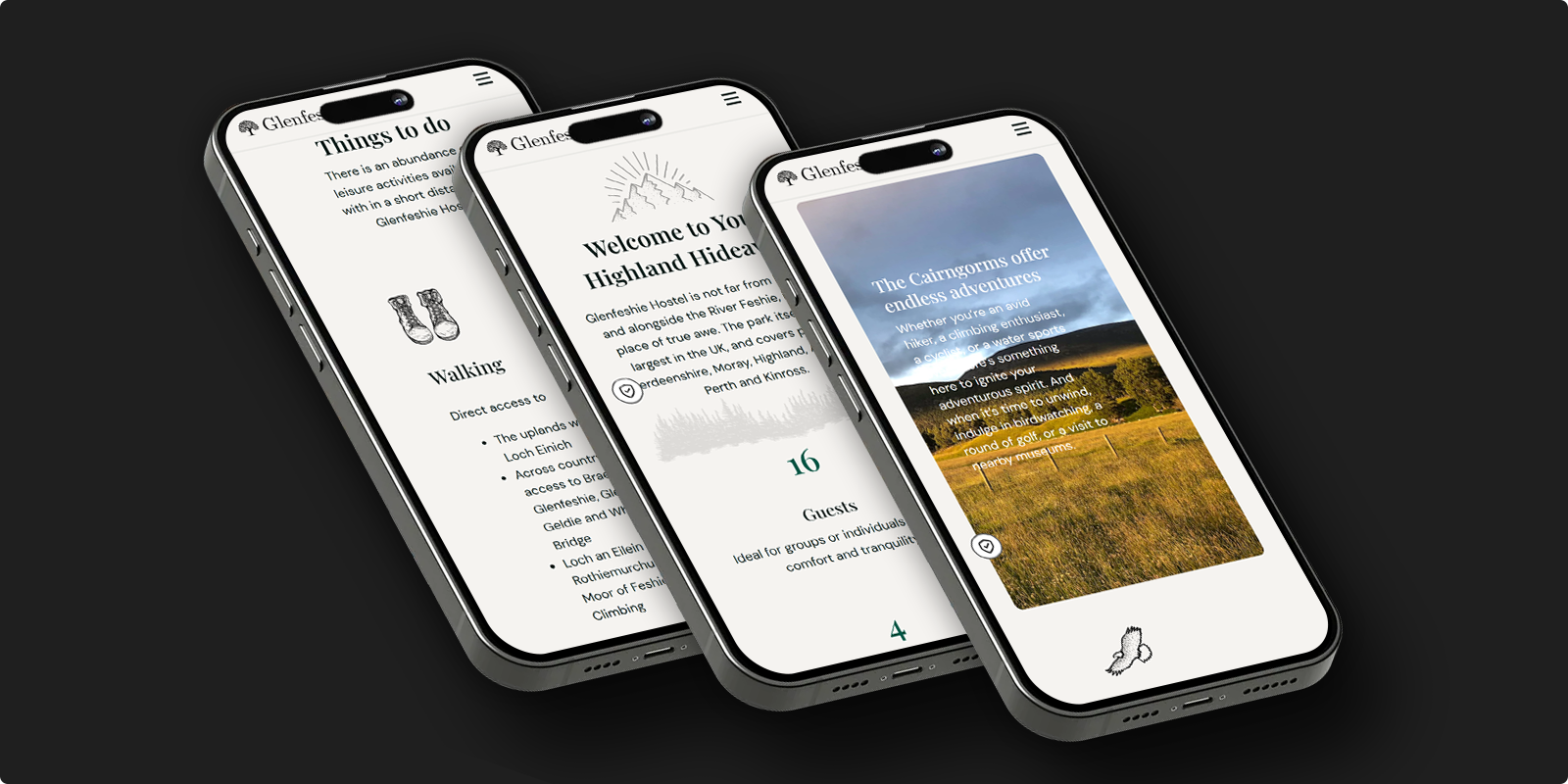 Three mobile phones showing different screens of Glenfeshie Hostel website including activities to do, welcome message, and Cairngorms adventures