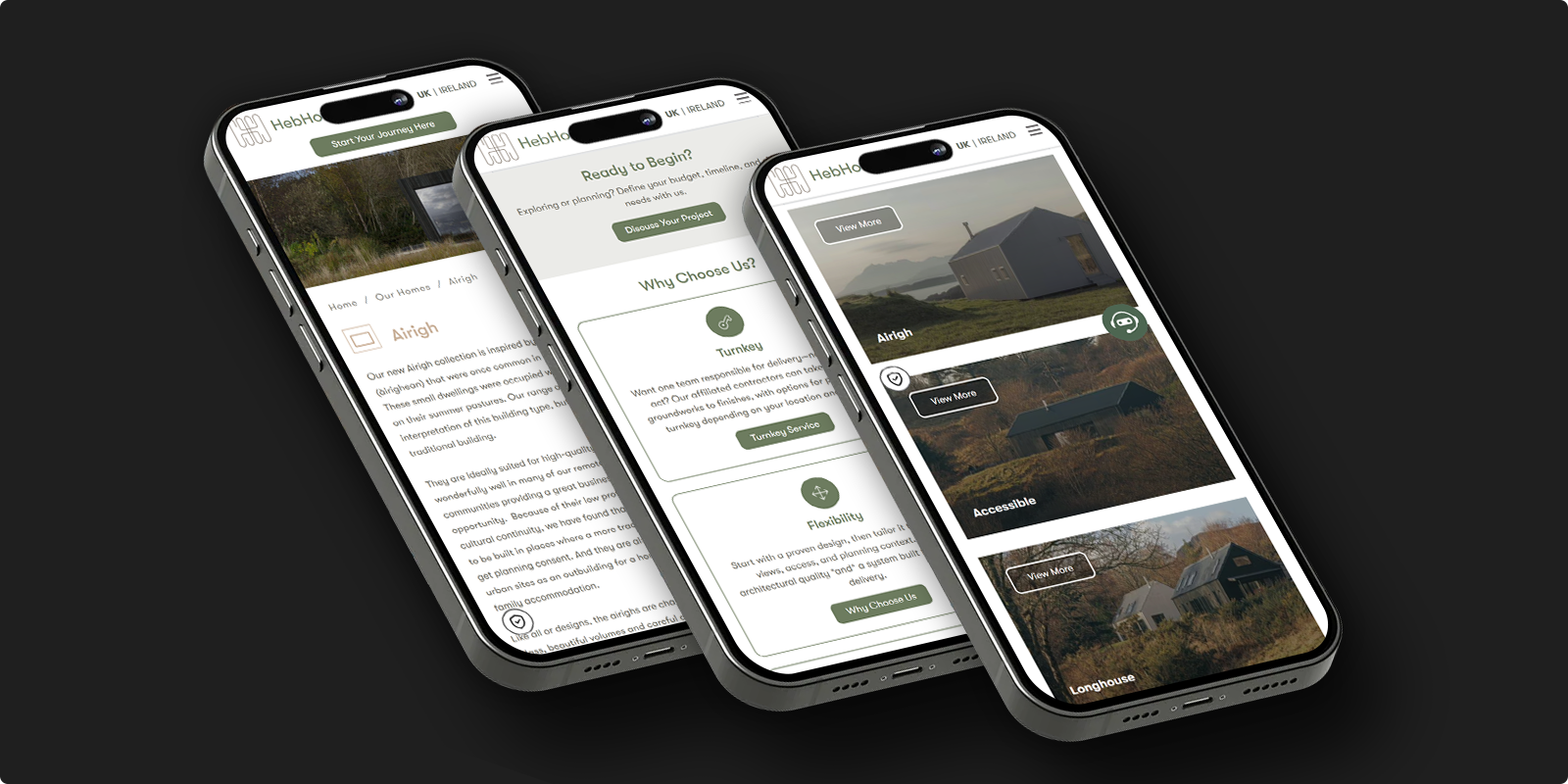 Three smartphones displaying different sections of the Heb Homes mobile website against a dark background