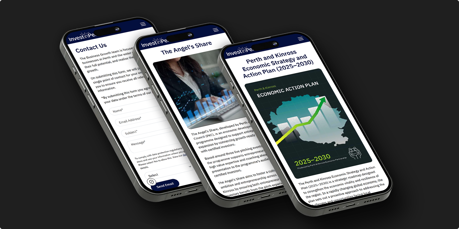 Three angled mobile phones showing different pages of the Invest in Perth website including contact form, The Angel's Share programme, and Perth & Kinross Economic Strategy and Action Plan