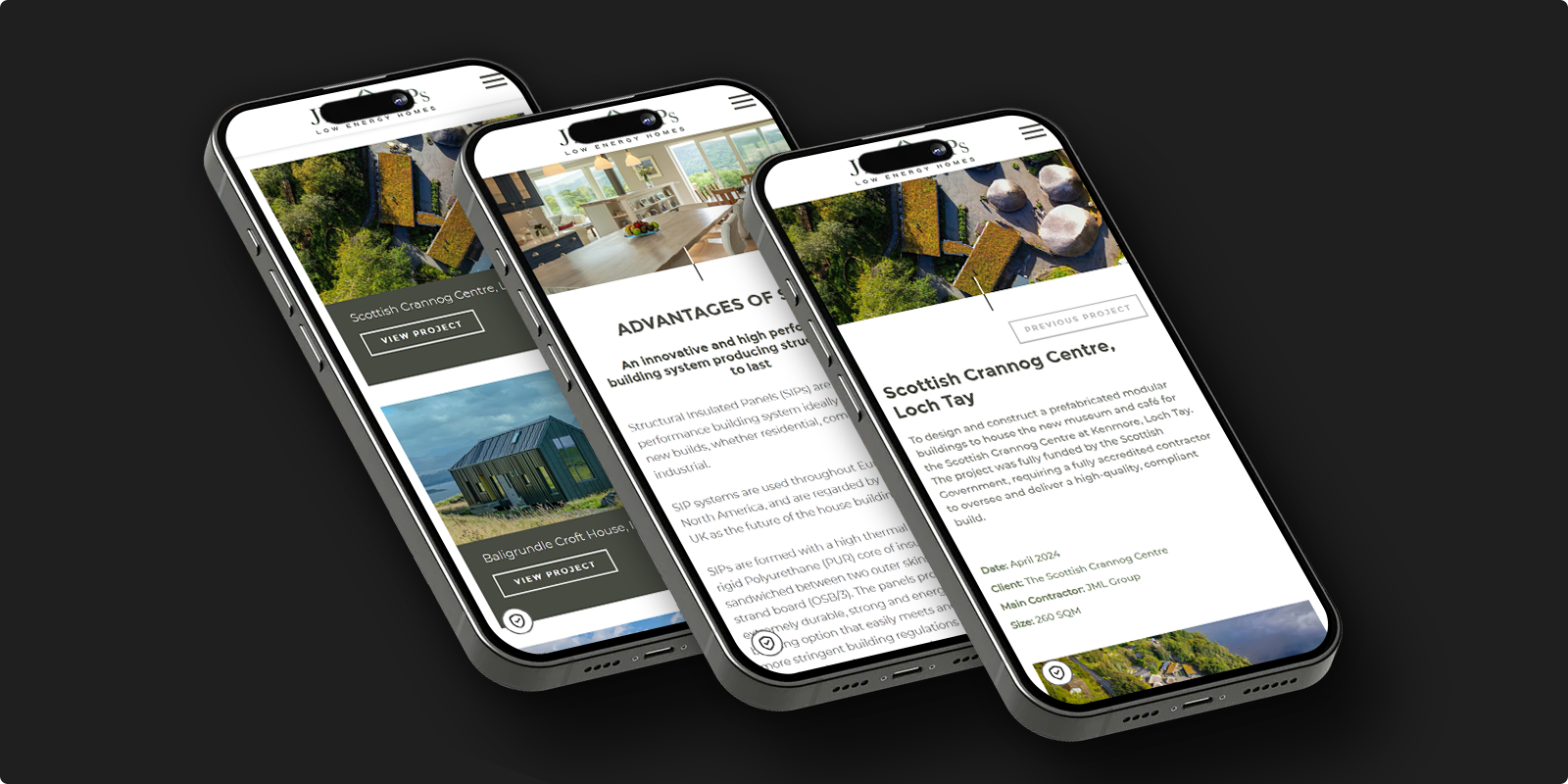 Three mobile phones showing different pages of the JML SIPS responsive website with project details and images