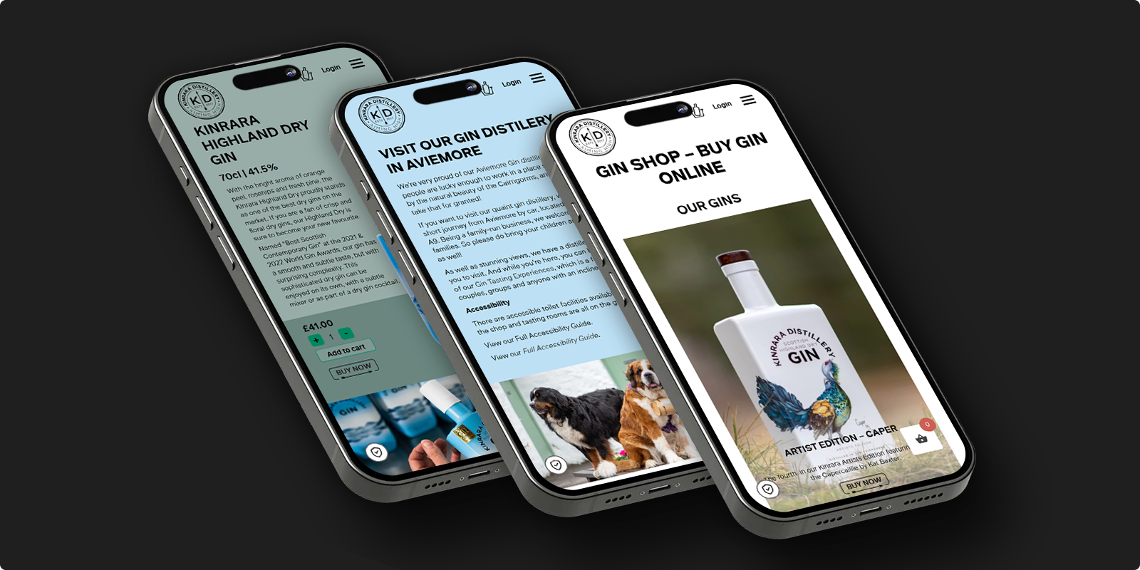 Three mobile phones showing different pages of the Kinrara Distillery website including gin product details, distillery visit information, and online gin shop