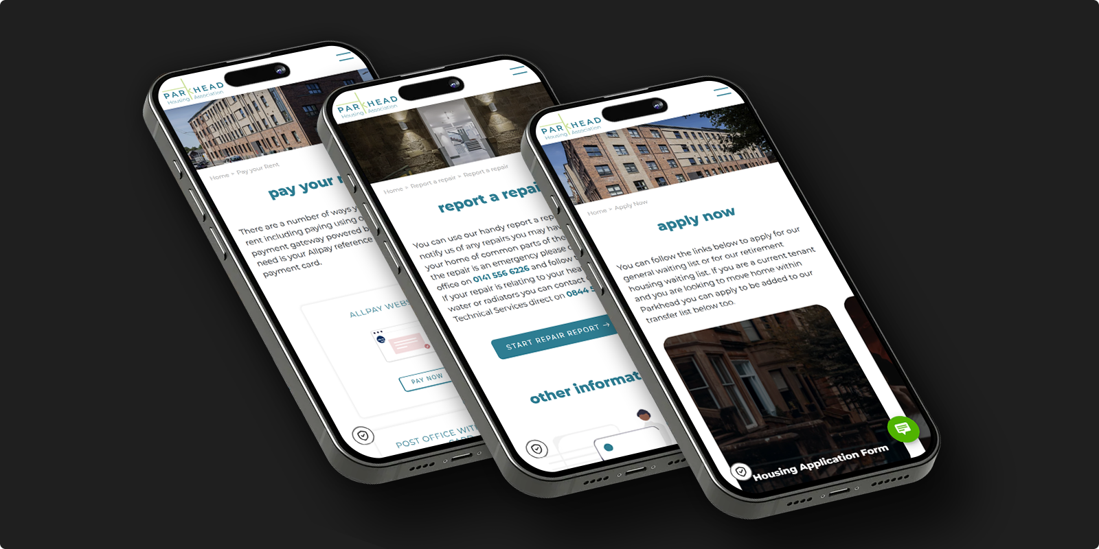 Three mobile phones showing different pages of the Parkhead Housing Association website for paying rent, reporting repairs and applying for housing