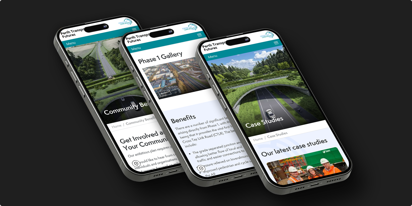 Three smartphones showing different screens of the Perth Transport Futures mobile website with project information and images