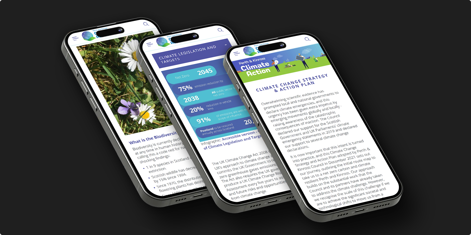 Three mobile phones displaying different screens of the PK Climate Action website, showing biodiversity info, climate legislation targets infographic, and climate change strategy and action plan text