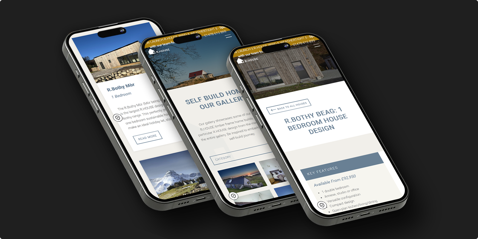 Three mobile phones displaying different pages of the R.HOUSE bespoke website showing timber prefab home designs and project details on screen