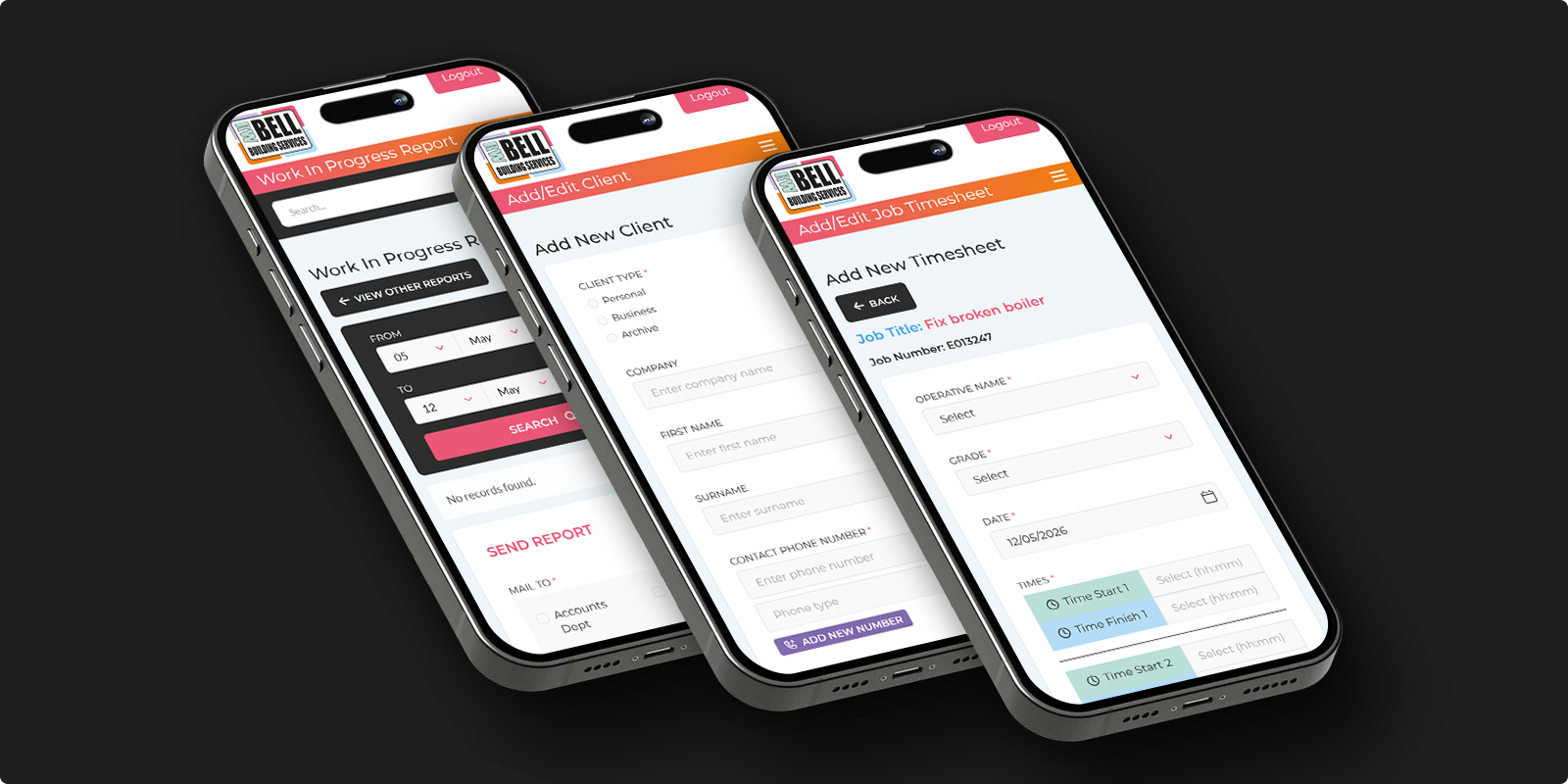 Three mobile phones showing different screens of the RW Bell work tracking system including work in progress report, add new client form, and add new timesheet screen.