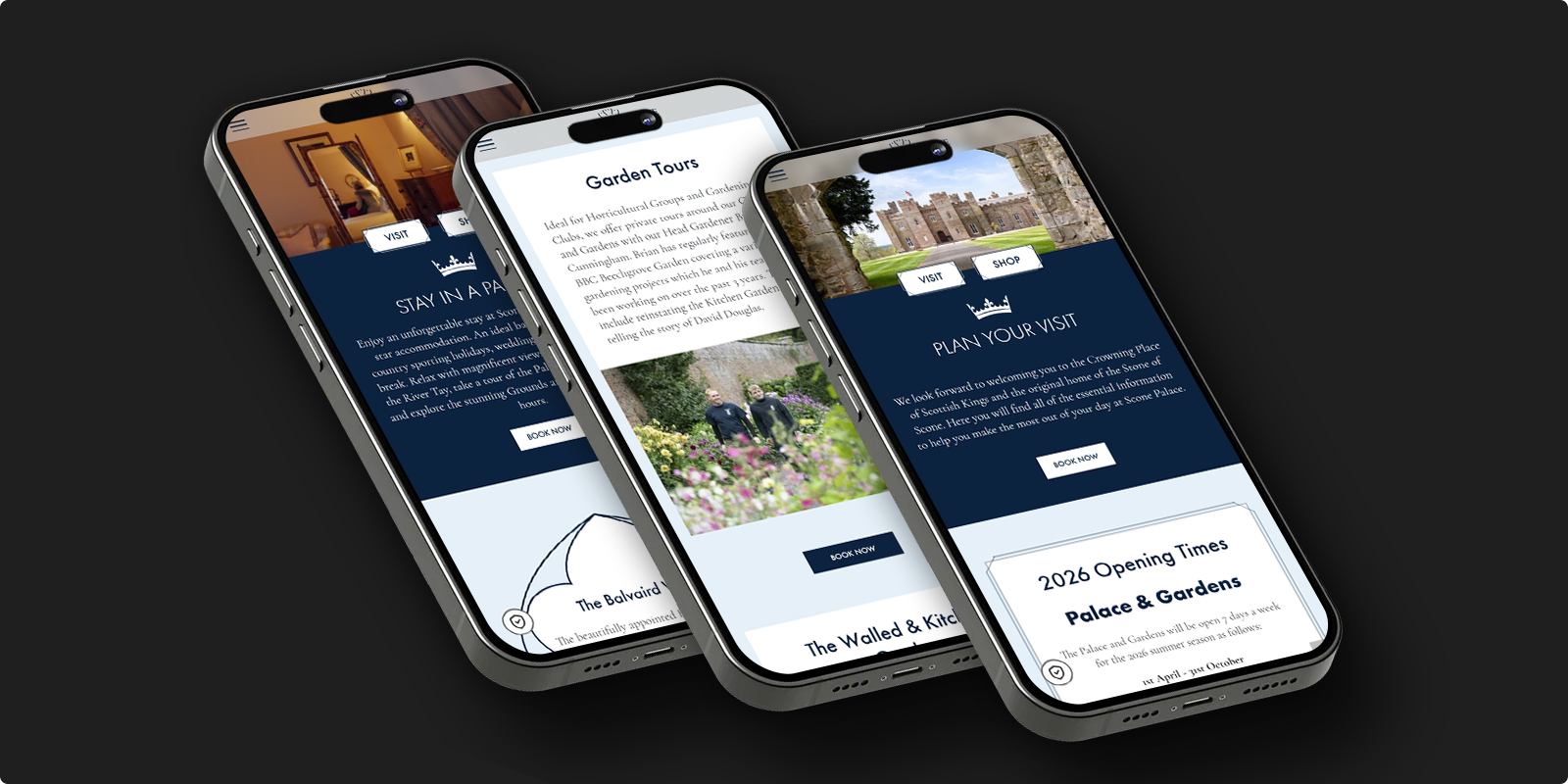 Three mobile phones displaying different pages of the Scone Palace website, including stay information, garden tours, and visit planning.