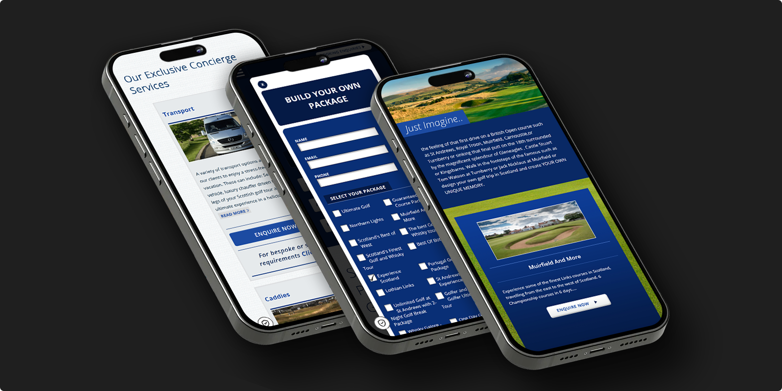 Three angled mobile phones displaying different screens from the Scotia Golfing mobile website, featuring concierge services, booking form and golf course information