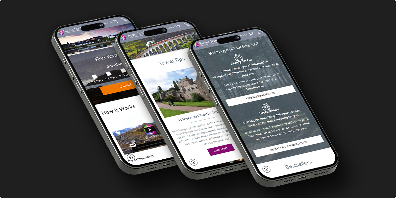 Three angled views of Secret Scotland mobile website showing tour search, travel tips, and tour type selection screens