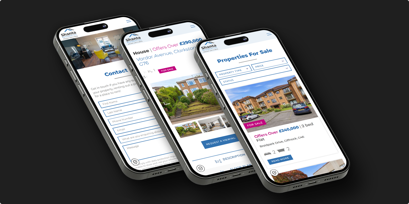 Three mobile phones showing different views of the Shanta Residential property website including property listings and contact form
