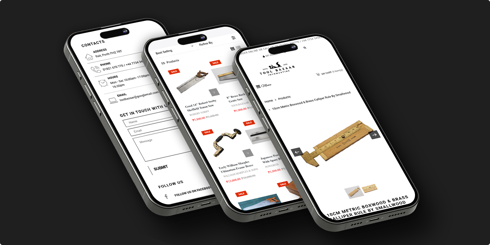 Three mobile phones displaying different pages of the Tool Bazaar Shopify e-commerce website, including contact details, product listings with prices and sale labels, and a product detail page featuring a wooden caliper rule