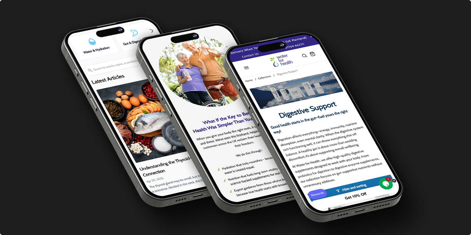 Three mobile phones showing different pages of the Water for Health website, including articles, key health tips, and digestive support products