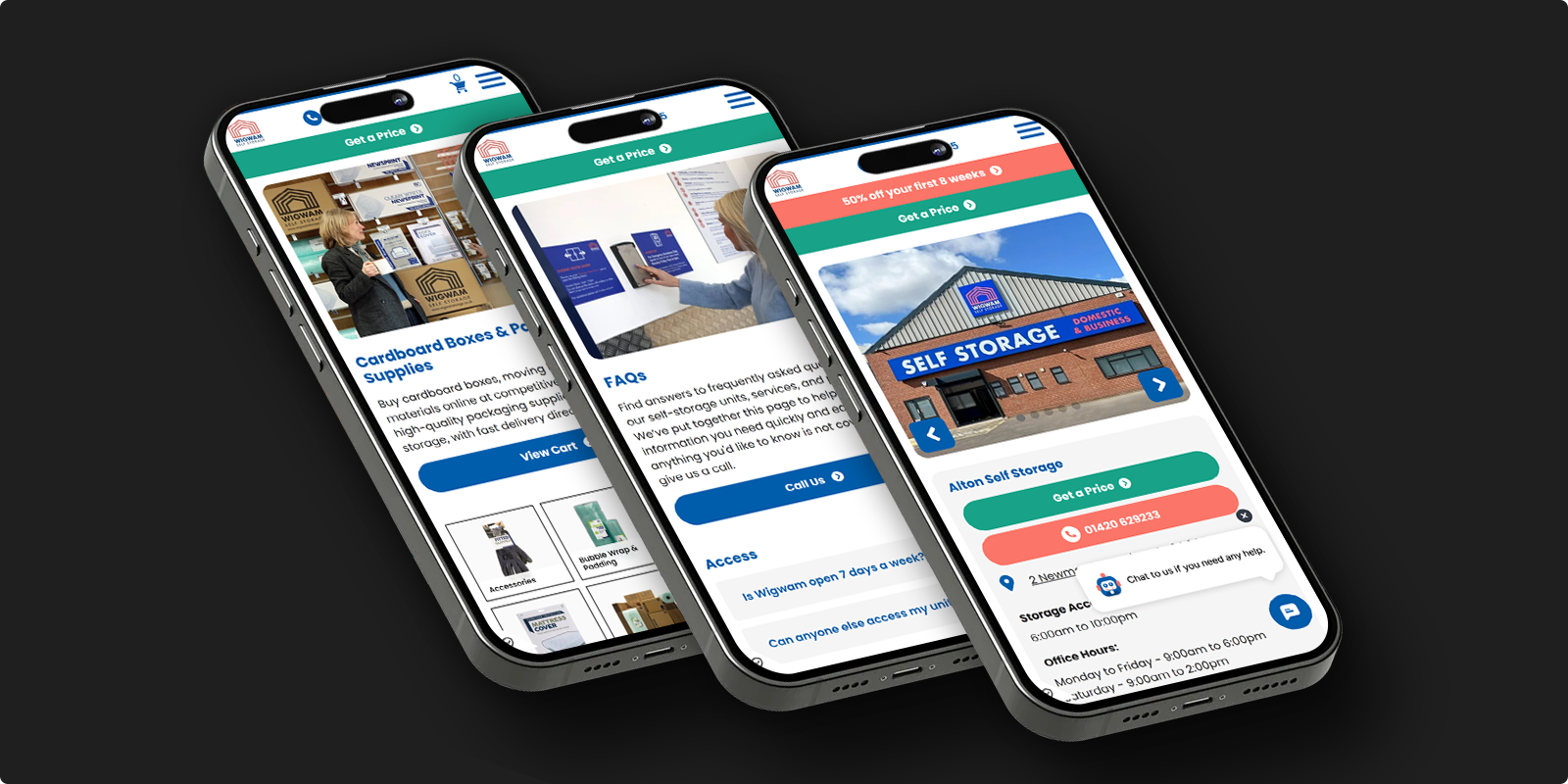 Three smartphones angled to show different screens from the Wigwam Self Storage mobile website including product supplies, FAQs, and storage booking options