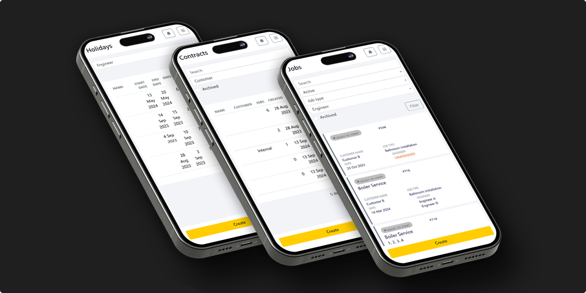 Three mobile phones displaying different views—holidays, contracts, and jobs—of the RL Rattray bespoke work tracking system user interface