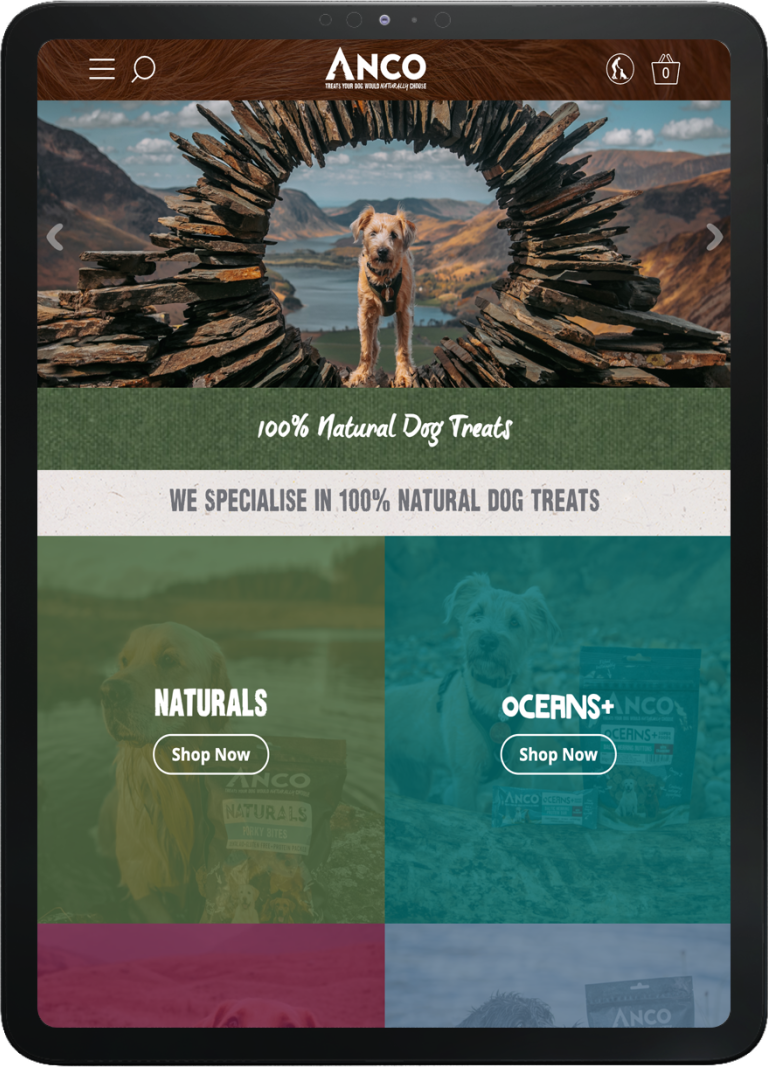 Anco Dog Treats website homepage displayed on a tablet, featuring a dog framed by stacked stones with navigation for natural and ocean-themed dog treats