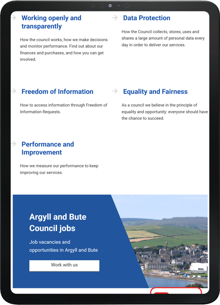 Tablet displaying sections of the Argyll and Bute Council website including transparency, data protection, freedom of information, equality, performance, and council job vacancies